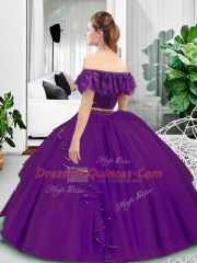Floor Length Eggplant Purple Sweet 16 Quinceanera Dress Tulle Sleeveless Lace and Ruffles