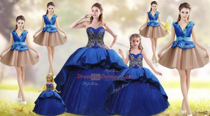 Low Price Sleeveless Taffeta Court Train Lace Up Ball Gown Prom Dress in Blue with Beading and Appliques and Embroidery