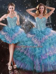 Multi-color Organza Lace Up Sweetheart Sleeveless Floor Length Quince Ball Gowns Beading and Ruffled Layers