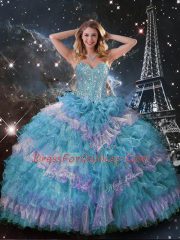 Multi-color Organza Lace Up Sweetheart Sleeveless Floor Length Quince Ball Gowns Beading and Ruffled Layers