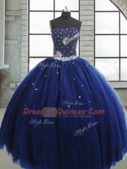 Lovely Beading Quinceanera Gowns Navy Blue Lace Up Sleeveless Floor Length