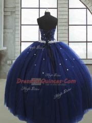 Lovely Beading Quinceanera Gowns Navy Blue Lace Up Sleeveless Floor Length