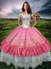 Floor Length Hot Pink 15 Quinceanera Dress Off The Shoulder Sleeveless Lace Up