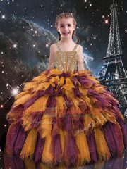 Orange Ball Gowns Straps Sleeveless Tulle Floor Length Lace Up Beading and Ruffles Child Pageant Dress