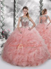 Sleeveless Organza Floor Length Lace Up Sweet 16 Quinceanera Dress in Baby Pink with Beading and Ruffles