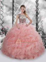 Sleeveless Organza Floor Length Lace Up Sweet 16 Quinceanera Dress in Baby Pink with Beading and Ruffles