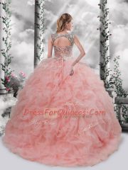 Sleeveless Organza Floor Length Lace Up Sweet 16 Quinceanera Dress in Baby Pink with Beading and Ruffles