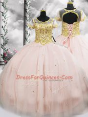 Pink Tulle Lace Up Sweet 16 Dress Short Sleeves Floor Length Beading