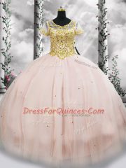 Pink Tulle Lace Up Sweet 16 Dress Short Sleeves Floor Length Beading
