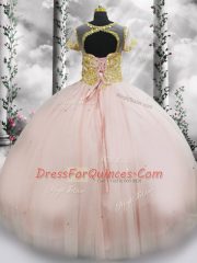 Pink Tulle Lace Up Sweet 16 Dress Short Sleeves Floor Length Beading