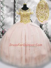Pink Tulle Lace Up Sweet 16 Dress Short Sleeves Floor Length Beading
