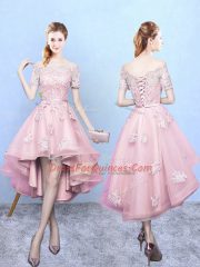 Baby Pink A-line Tulle Off The Shoulder Short Sleeves Lace High Low Lace Up Dama Dress for Quinceanera