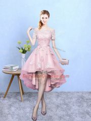 Baby Pink A-line Tulle Off The Shoulder Short Sleeves Lace High Low Lace Up Dama Dress for Quinceanera