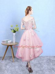 Baby Pink A-line Tulle Off The Shoulder Short Sleeves Lace High Low Lace Up Dama Dress for Quinceanera