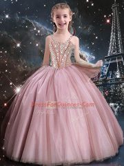 Affordable Tulle Straps Sleeveless Lace Up Beading Kids Formal Wear in Baby Pink