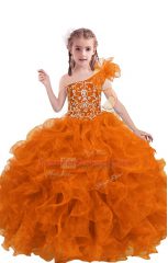 Nice Floor Length Orange Red Kids Pageant Dress One Shoulder Sleeveless Lace Up