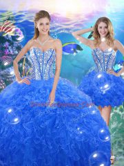 Sweetheart Sleeveless Ball Gown Prom Dress Floor Length Beading and Ruffles Royal Blue Organza