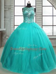 Affordable Tulle Scoop Sleeveless Lace Up Beading Sweet 16 Quinceanera Dress in Turquoise