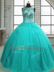 Affordable Tulle Scoop Sleeveless Lace Up Beading Sweet 16 Quinceanera Dress in Turquoise