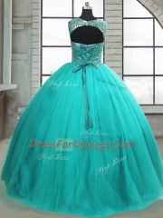 Affordable Tulle Scoop Sleeveless Lace Up Beading Sweet 16 Quinceanera Dress in Turquoise