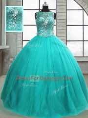 Affordable Tulle Scoop Sleeveless Lace Up Beading Sweet 16 Quinceanera Dress in Turquoise