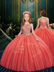 Eye-catching Watermelon Red Lace Up Little Girls Pageant Gowns Appliques Sleeveless Floor Length