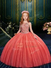 Eye-catching Watermelon Red Lace Up Little Girls Pageant Gowns Appliques Sleeveless Floor Length