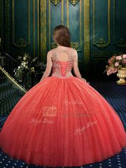 Eye-catching Watermelon Red Lace Up Little Girls Pageant Gowns Appliques Sleeveless Floor Length