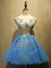 Baby Blue A-line Organza Scoop Sleeveless Embroidery Mini Length Lace Up Dress for Prom
