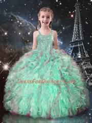 Floor Length Lace Up Kids Pageant Dress Turquoise for Quinceanera and Wedding Party with Beading and Ruffles