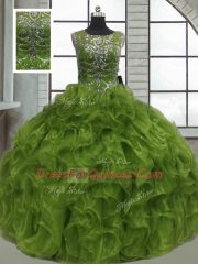 Best Scoop Sleeveless Quinceanera Dress Floor Length Beading and Ruffles Olive Green Organza