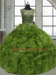 Best Scoop Sleeveless Quinceanera Dress Floor Length Beading and Ruffles Olive Green Organza