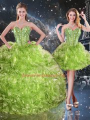 Fitting Floor Length Lace Up Vestidos de Quinceanera Olive Green for Military Ball and Sweet 16 and Quinceanera with Beading