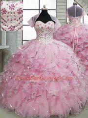 Ball Gowns Sleeveless Baby Pink 15 Quinceanera Dress Brush Train Lace Up