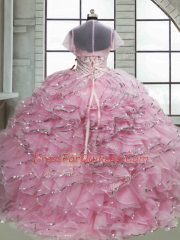 Ball Gowns Sleeveless Baby Pink 15 Quinceanera Dress Brush Train Lace Up