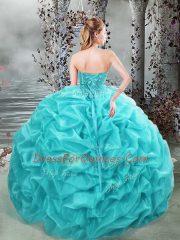High Quality Aqua Blue Sleeveless Organza Lace Up Ball Gown Prom Dress for Military Ball and Sweet 16 and Quinceanera