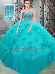 High Quality Aqua Blue Sleeveless Organza Lace Up Ball Gown Prom Dress for Military Ball and Sweet 16 and Quinceanera