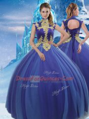 High-neck Sleeveless 15 Quinceanera Dress Floor Length Appliques Royal Blue Tulle