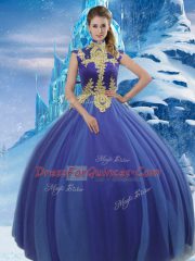 High-neck Sleeveless 15 Quinceanera Dress Floor Length Appliques Royal Blue Tulle