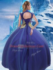 High-neck Sleeveless 15 Quinceanera Dress Floor Length Appliques Royal Blue Tulle