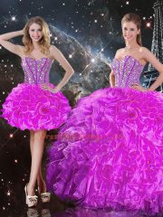Custom Fit Floor Length Lace Up Quince Ball Gowns Fuchsia for Military Ball and Sweet 16 and Quinceanera with Beading and Ruffles