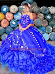 Royal Blue Lace Up Quinceanera Gown Embroidery and Ruffles Sleeveless Brush Train