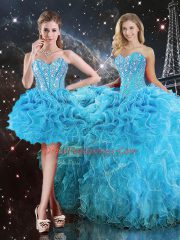 Designer Aqua Blue Organza Lace Up Quinceanera Gown Sleeveless Floor Length Beading and Ruffles