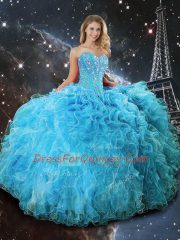 Designer Aqua Blue Organza Lace Up Quinceanera Gown Sleeveless Floor Length Beading and Ruffles