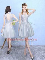 Shining Sleeveless Tulle Knee Length Lace Up Damas Dress in Silver with Lace
