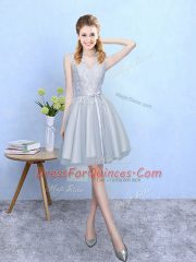 Shining Sleeveless Tulle Knee Length Lace Up Damas Dress in Silver with Lace