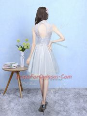 Shining Sleeveless Tulle Knee Length Lace Up Damas Dress in Silver with Lace