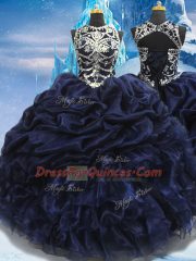 Navy Blue Ball Gowns High-neck Sleeveless Taffeta Floor Length Lace Up Appliques and Ruffles and Pick Ups Quinceanera Dress