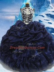 Navy Blue Ball Gowns High-neck Sleeveless Taffeta Floor Length Lace Up Appliques and Ruffles and Pick Ups Quinceanera Dress