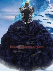 Navy Blue Ball Gowns High-neck Sleeveless Taffeta Floor Length Lace Up Appliques and Ruffles and Pick Ups Quinceanera Dress